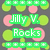 Pixelated green and pink circular shapes surround white text reading "Jilly V. Rocks" on a dark gray background.