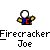 Pixelated character with white head and yellow arms holding blue FC, under Firecracker Joe text on gray background.