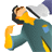 Pixelated figure in teal outfit with yellow accents, head tilted back, mouth open, and one arm raised against gray background.