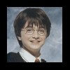 Two small Harry Potter character portraits appear above repeated purple text on a black background.