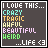 pixelated text-based icons with dark gray backgrounds, displaying phrases like "I LOVE THIS..." and "CRAZY TRAGIC AWFUL BEAUTIFUL WEIRD ...LIFE <3" in various colors