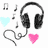 Pixelated icon featuring black headphones with coiled wire, musical notes, and two hearts on white background.