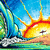 Pixelated scene of a sailboat on water with a sunset sky, featuring blue and green hues in the foreground transitioning to orange and yellow tones.
