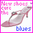 identical pink high-heeled shoes with text 'New shoes cure the' above and 'blues' below, each in a bright pink border