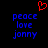 Red pixelated heart symbol above blue pixelated text reading peace love jonnny on black background