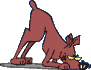 Animated cartoon dog in brown pose with yellow eyes and red pupils, sniffing a black-and-white object on gray ground against light gray background.