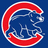 A pixelated circular icon with a red outer ring and white inner border on a blue background, containing stylized text.
