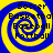 Four identical yellow and blue spiral-patterned icons with text listing sports terms, arranged in a on a solid background