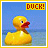 Yellow rubber duck floating in water with blue sky background, text 'DUCK!' above it.
