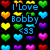 Pixelated icon with blue text "I Love Bobby <33" over colorful heart shapes on black background.