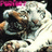 Pixelated image of a white tiger with brown accents on dark background, adjacent to bright pink background with cyan text.