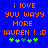 Blue background with orange pixelated text reading 'i LOVE yuu wayy MORE LAUREN! :D' and green plus signs below, two identical frames side-by-side.