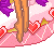Pixel art image showing a woman in green bikini top standing next to a pink cake with strawberries and purple flowers, below which is text reading 'happy happy birthday to be day me!!!'