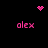 Pixelated pink text 'alex' appears in four corners of a black background, with animated pixel clusters above and below the center.