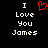 Pixelated text reads "I Love You James" with a red heart symbol replacing the word 'love' in one view, displayed on black background.