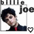 Two side-by-side animated frames of a buddy icon showing a person with dark hair in a red shirt and black jacket, with text "billie joe" above and heart symbols below that change from white to black between frames.