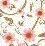 Pixelated floral pattern with pink and orange flowers on green stems against a pastel checkered background.