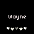 Pixelated text 'Wayne' above five heart symbols on black background, with one gray heart in the center.