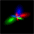 A four- shows a pixelated, abstract, multicolored shape with shifting hues against a black background, transitioning from a three-lobed form to a more concentrated, blended pattern