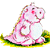 Pixelated cartoon pig character in pink and white with red cheeks, standing on green grass against a white background.