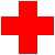 A solid red cross with dark brown borders on a pixelated background of pastel colors including light blue, pink, and white.