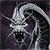 Pixelated grayscale dragon head with yellow eyes, curved neck, and visible teeth against dark background.