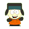 A cartoon character in an orange jacket and dark green hat performs a sequence of animated actions against a gray background.