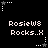 Pixelated text 'Rosiew8 Rocks..X' repeated across a black background with white star and dot patterns.