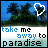 Pixelated landscape with blue sky and green trees, text 'take me away to paradise' in blue and black pixel font, white heart outline on left frame.
