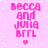 Pixelated pink text "Becca and Julia BFFL" with a small heart symbol on a light pink background with white dots.