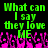Green pixelated text reads "What can I say they love ME" over a black background with pink and purple pixelated shapes below.