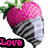 Pixelated strawberry-shaped icon with pink top, green leaves, and striped lower half, featuring a 'Love' text overlay in one view.