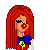 Pixel art of a red-haired clown with blue bow tie and yellow flower, wearing white pants with red dots and red shoes.