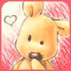 A cartoon-style animal with large ears and a rounded face, holding a finger to its lips, set against a pink and white striped background with a heart outline.