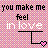 Pixelated text reads 'you make me feel in love' over a pink and purple checkered background with a black line drawing ending in a small heart.