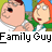 Pixelated cartoon image of two characters from Family Guy with text elements on a gray background.