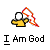 Pixelated character with yellow body and white head holding red-and-white striped object, gray background with text "I Am God" and "Don't Be Frontin'".