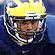 Pixelated image of a person wearing a yellow helmet and dark protective gear against a blue background.