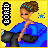 Pixel art of a woman with brown hair in a bun, blue dress, and black pants, holding a cup, with 'BORED' text and star symbols on a yellow background.