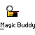 Animated contact sheet of 11 frames showing a yellow stick figure performing magic tricks with white balls on a gray background, labeled "Magic Buddy" in pixelated text below each frame.