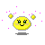 Yellow circular character with green eyes and pink blush dots, surrounded by small yellow spheres and scattered purple particles on gray background.