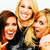 Three women pose together in a pixelated image with two versions showing different expressions and one version cropped on the right.