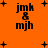 Orange background with black text 'jmk & mjh' and scattered black plus signs in a pattern