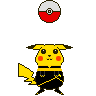Pixelated Pikachu in black outfit with yellow chains, red cheeks, and a Poké Ball above, shown in multiple poses with slight expression and limb variations.