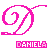 Pixelated pink monogram Ds with varying flourishes and a repeated 'DANIELA' text label beneath each, set against white background.