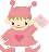 Pixel art contact sheet of four animated frames showing a pink elf-like character holding a letter and displaying different text overlays.