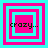 Four square display a repeating pattern of nested cyan and magenta squares with the text 'crazy...' in black pixelated font across each