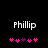 Pixelated text 'Phillip' above a of pink and purple puzzle-piece icons on black background
