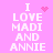 Pixelated text on pink background with animated heart and dot effects, reading "I LOVE MADI AND ANNIE" in white block letters.