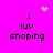 Pixelated icon with bright pink background, black text reading 'i luv shoping', and animated white pixel clusters in top-left and center positions.